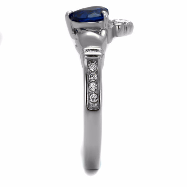 Women's 6x6mm Heart Cut London Blue CZ Stainless Steel Claddagh Ring - LA NY Jewelry