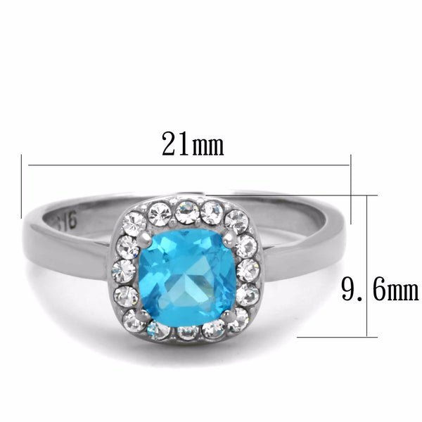 Women's 6x6mm Cushion Cut Sea Blue CZ Center Stainless Steel Cocktail Ring - LA NY Jewelry