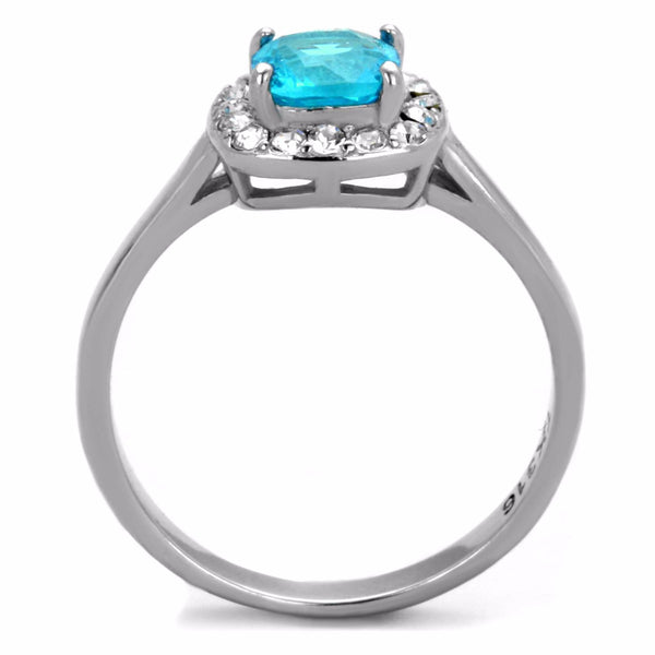 Women's 6x6mm Cushion Cut Sea Blue CZ Center Stainless Steel Cocktail Ring - LA NY Jewelry