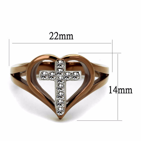 Top Grade Crystal Cross in Heart Two-Tone Light Coffee IP Stainless Steel Ring - LA NY Jewelry