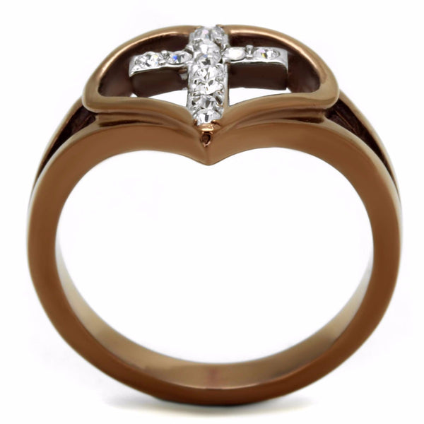 Top Grade Crystal Cross in Heart Two-Tone Light Coffee IP Stainless Steel Ring - LA NY Jewelry