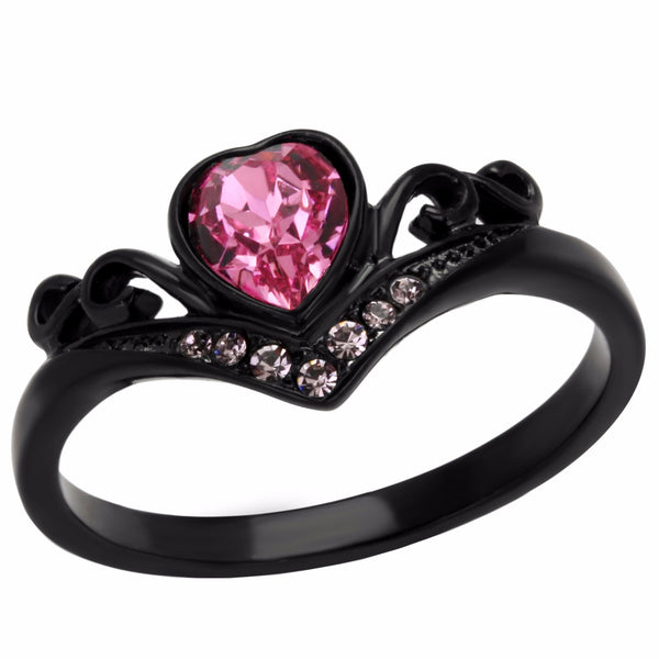 5x5mm Heart Cut Pink Rose CZ Black IP Stainless Steel Ring - LA NY Jewelry
