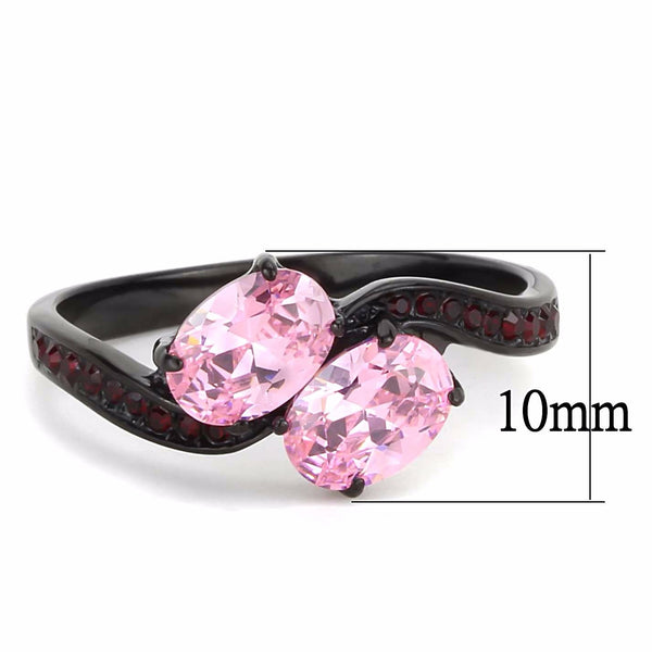 Two 0f 7x5mm Oval Cut Pink CZs Center Black IP Stainless Steel Cocktail Ring - LA NY Jewelry