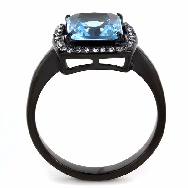 Big 8x8mm Princess Cut Sea Blue Topaz CZ Center Black IP Stainless Steel Ring - LA NY Jewelry