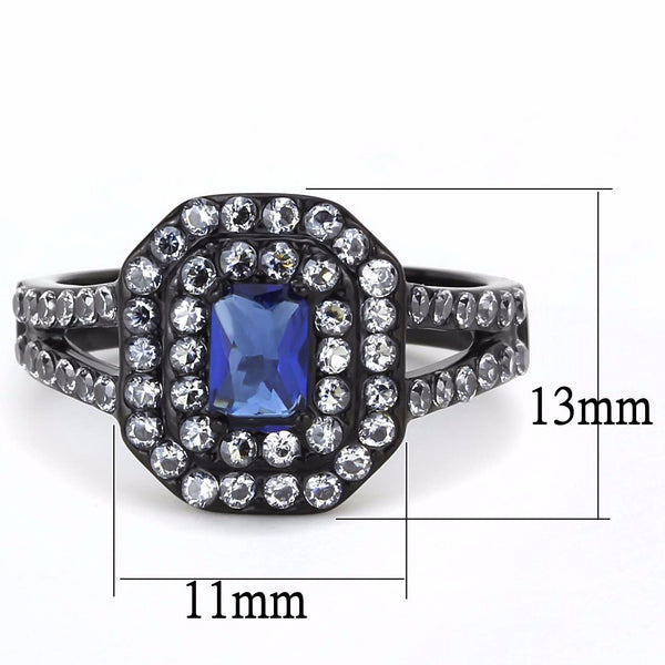 6x4mm Emerald Cut Deep Blue Sapphire CZ Black IP Stainless Steel Engagement Ring - LA NY Jewelry