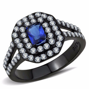 6x4mm Emerald Cut Deep Blue Sapphire CZ Black IP Stainless Steel Engagement Ring - LA NY Jewelry