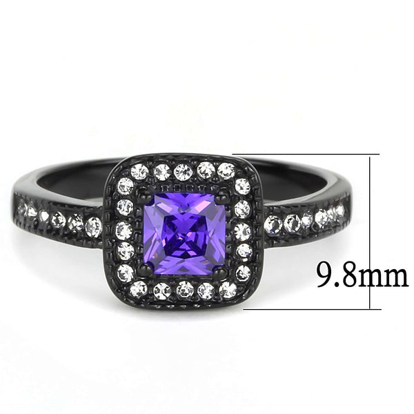 5x5mm Princess Cut Violet Amethyst CZ Black IP Stainless Steel Cocktail Ring - LA NY Jewelry
