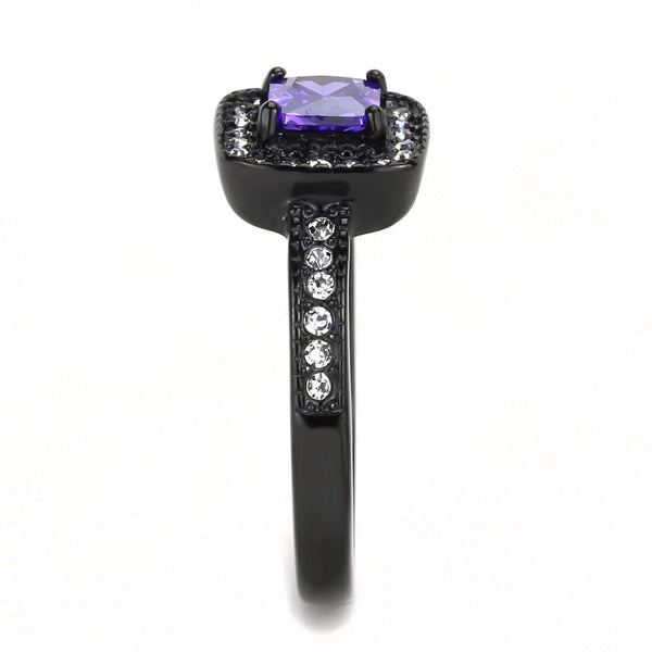 5x5mm Princess Cut Violet Amethyst CZ Black IP Stainless Steel Cocktail Ring - LA NY Jewelry