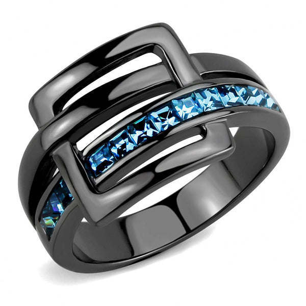 3x3mm Princess Cut Sea Blue Topaz CZ Light Black IP Stainless Steel Band - LA NY Jewelry