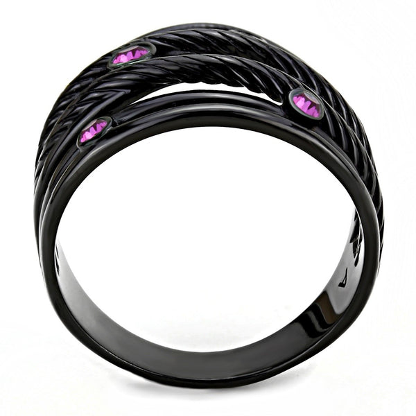 Top Grade Fuchsia Crystal Designer Black IP Stainless Steel Womens Wide Band - LA NY Jewelry