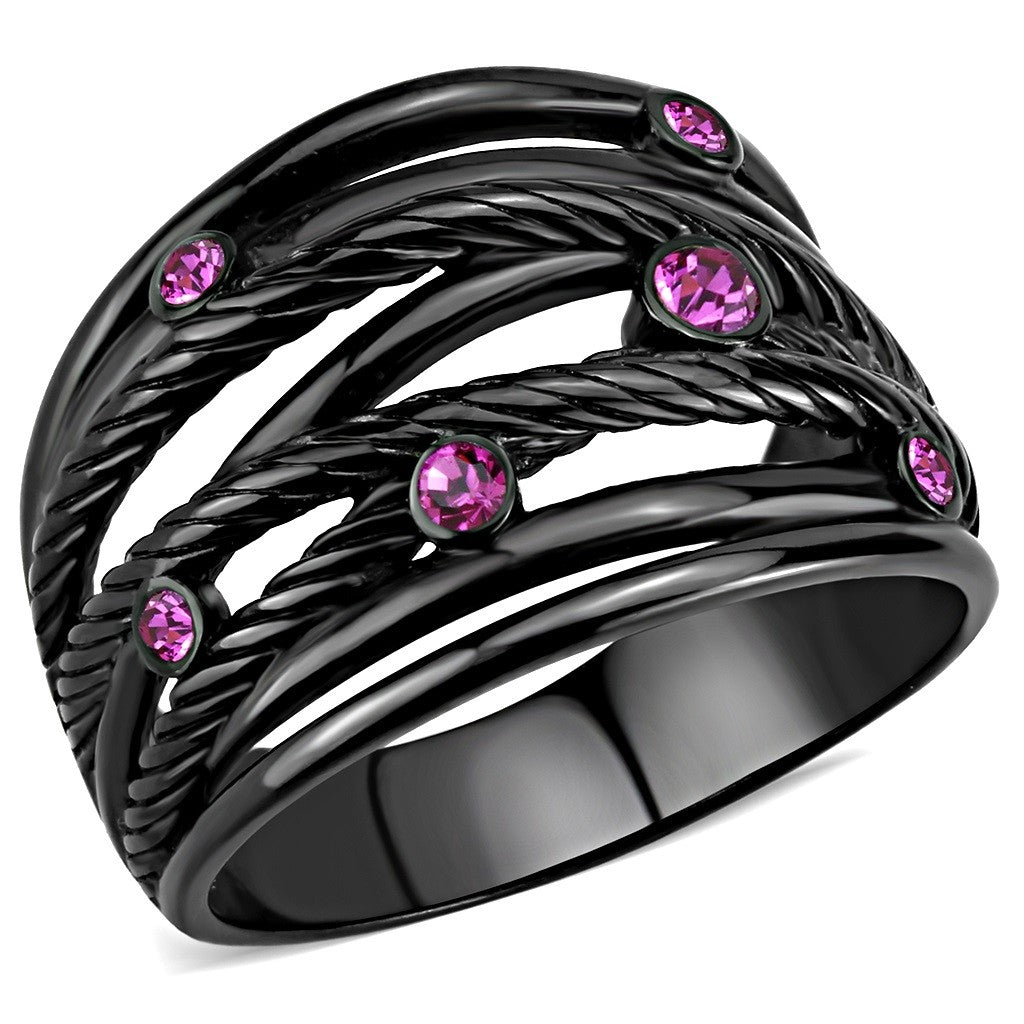 Top Grade Fuchsia Crystal Designer Black IP Stainless Steel Womens Wide Band - LA NY Jewelry