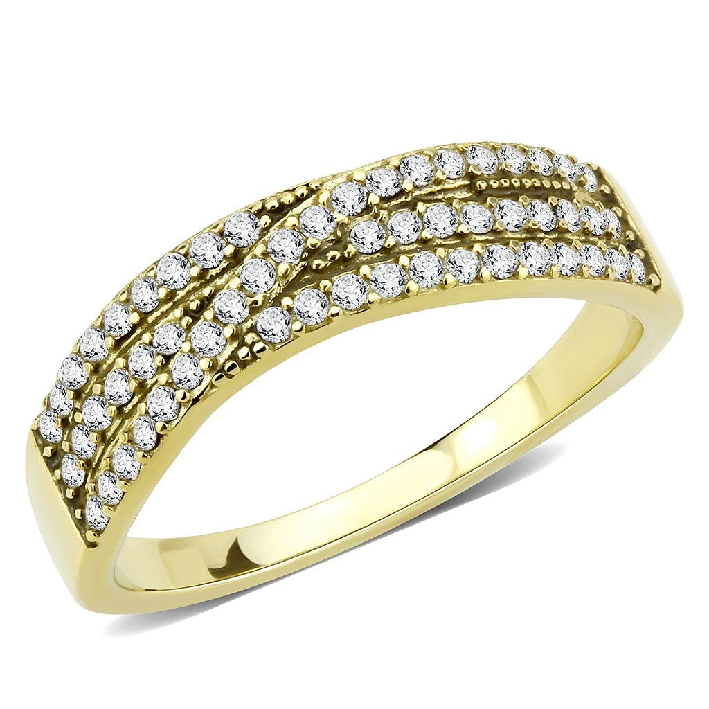AAA Grade Clear CZ on Three Row Gold IP Stainless Steel Womens Eternity Pave Band