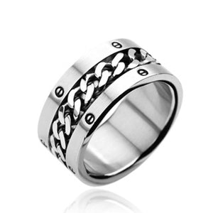 316L Stainless Steel w/Chain Center Bolted Design Wide Band Ring - LA NY Jewelry