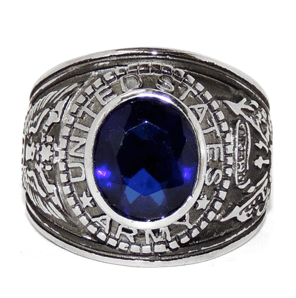 316 Stainless Steel Wide Band Army Mens Sapphire CZ Ring - LA NY Jewelry