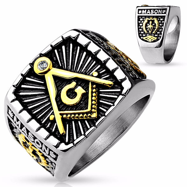 IP Gold And Burnish Steel 2-Tone Square Face Masonic Stainless Steel Casting Ring - LA NY Jewelry