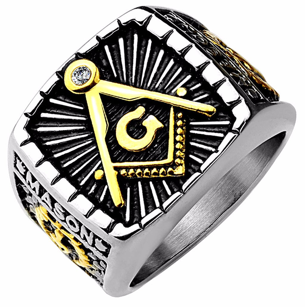 IP Gold And Burnish Steel 2-Tone Square Face Masonic Stainless Steel Casting Ring - LA NY Jewelry