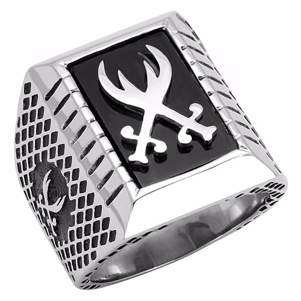 Two Sword Cross in Black Background 316 Stainless Steel Mens Ring - LA NY Jewelry