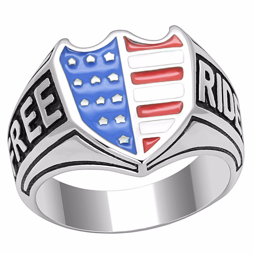 Blue Red White Color in Shield Shape Stainless Steel Rider Free Ring - LA NY Jewelry