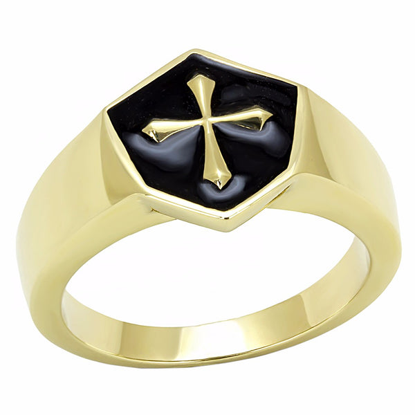 Medieval Cross in Black background Shield Shape Gold IP Stainless Steel Ring - LA NY Jewelry