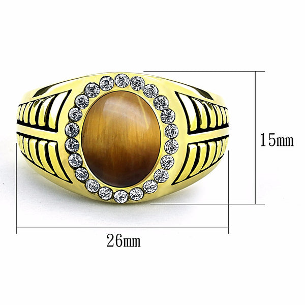 Tiger Eye Center with Top Crystal Set in Gold IP Stainless Steel Mens Ring - LA NY Jewelry