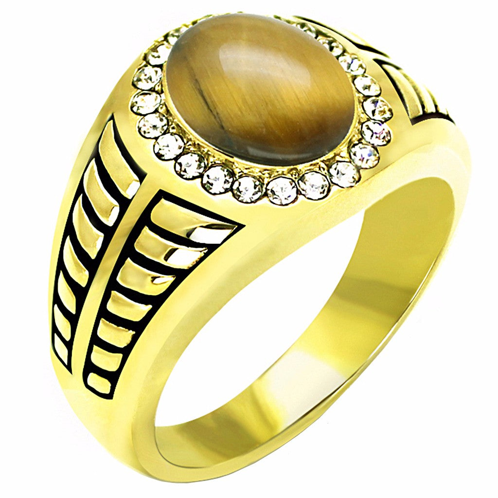 Tiger Eye Center with Top Crystal Set in Gold IP Stainless Steel Mens Ring - LA NY Jewelry