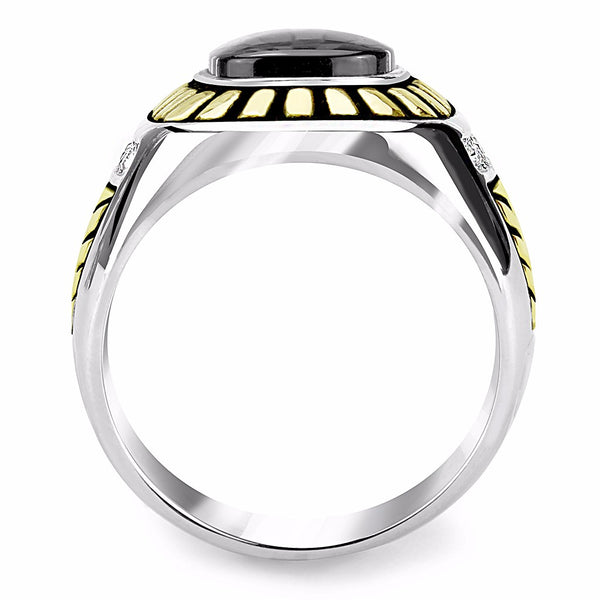 Onyx Center with Top Crystal Set in Two-Tone Gold IP Stainless Steel Mens Ring - LA NY Jewelry