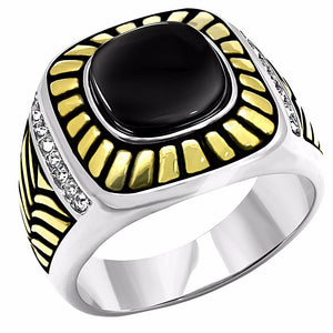 Onyx Center with Top Crystal Set in Two-Tone Gold IP Stainless Steel Mens Ring - LA NY Jewelry