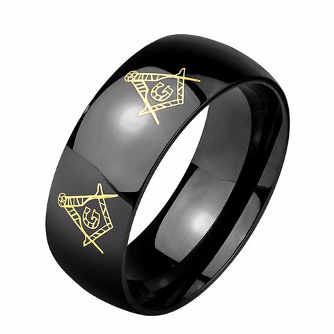 Masonic Symbols Engraved Around Black IP Stainless Steel Ring - LA NY Jewelry