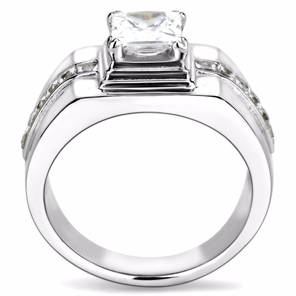 7x7mm Princess Cut CZ Center Small Princess CZ Side Stainless Steel Mens Ring - LA NY Jewelry