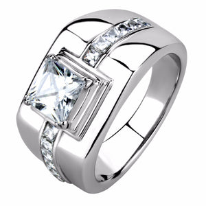 7x7mm Princess Cut CZ Center Small Princess CZ Side Stainless Steel Mens Ring - LA NY Jewelry