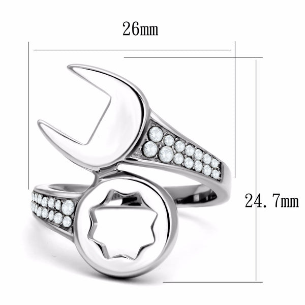 Round Clear CZ on Mechanic Wrench Tool Stainless Steel Mens Ring - LA NY Jewelry