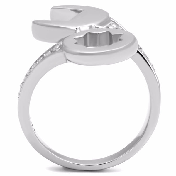 Round Clear CZ on Mechanic Wrench Tool Stainless Steel Mens Ring - LA NY Jewelry