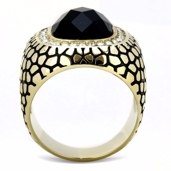 Big 12x12mm Black Synthetic Multiple Cut Stone Gold IP Stainless Steel Ring - LA NY Jewelry