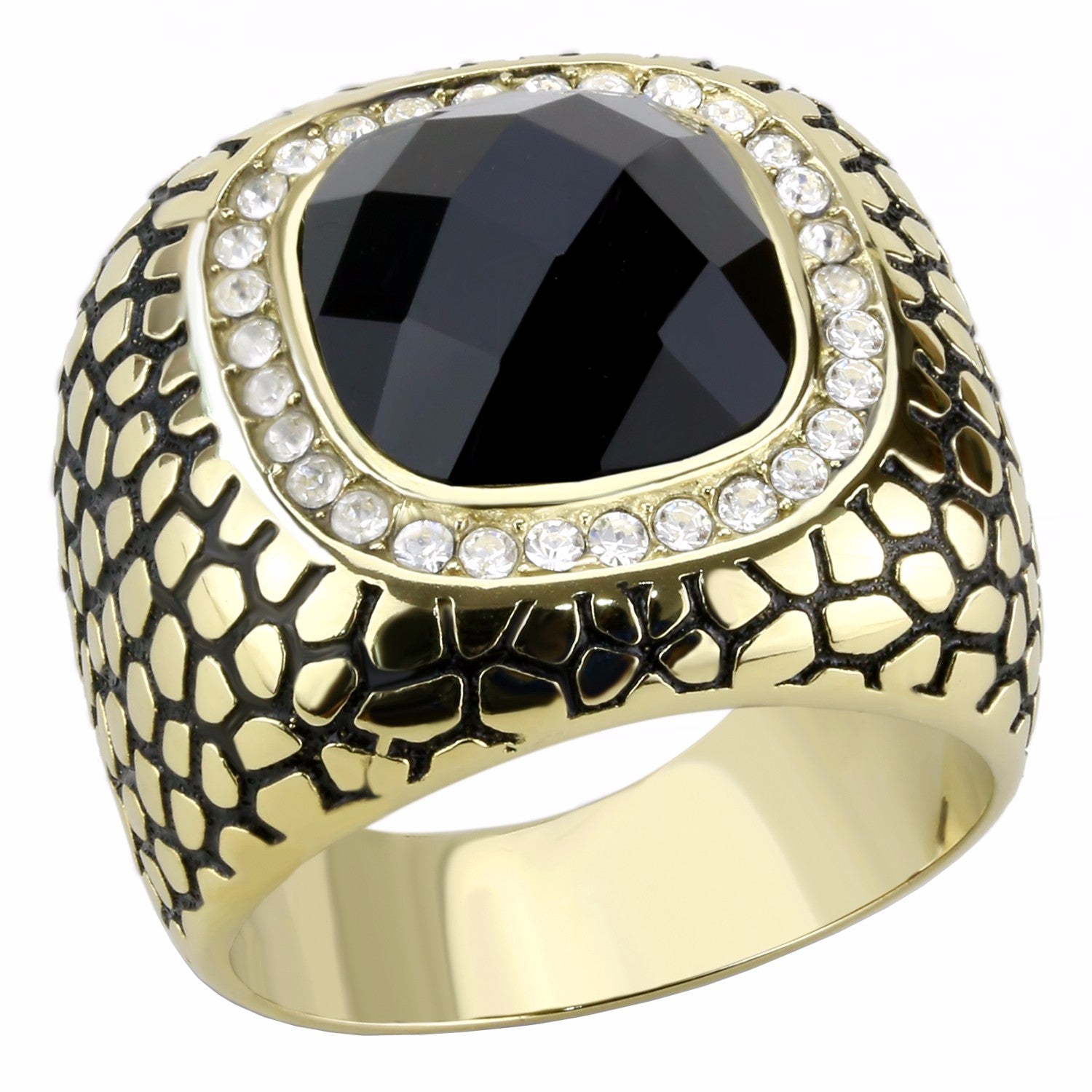 Big 12x12mm Black Synthetic Multiple Cut Stone Gold IP Stainless Steel Ring - LA NY Jewelry
