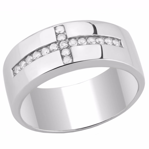 Round Clear CZ Set on Cross 316 Stainless Steel Mens Ring - LA NY Jewelry