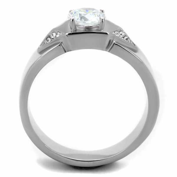 6x6mm Round Cut Clear CZ Center Small Side Stones Stainless Steel Mens Ring - LA NY Jewelry