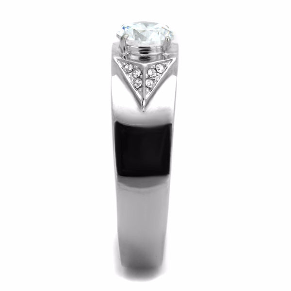 6x6mm Round Cut Clear CZ Center Small Side Stones Stainless Steel Mens Ring - LA NY Jewelry