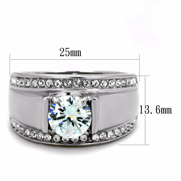 8x8mm Round Cut Clear CZ Center Raised Small Side Stones Stainless Steel Ring - LA NY Jewelry
