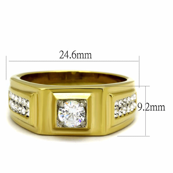 5x5mm Round Cut CZ Center Two Row Side Stones Gold IP Stainless Steel Mens Ring - LA NY Jewelry