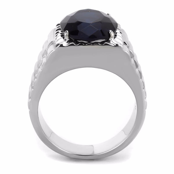 Big 16x12mm Oval Cut Deep Blue Sapphire CZ Solitaire Stainless Steel Mens Ring - LA NY Jewelry