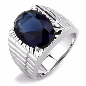 Big 16x12mm Oval Cut Deep Blue Sapphire CZ Solitaire Stainless Steel Mens Ring - LA NY Jewelry