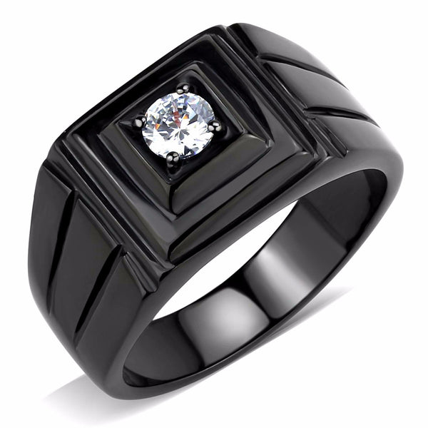 5x5mm Round Cut CZ Solitaire Black IP Stainless Steel Mens Ring - LA NY Jewelry