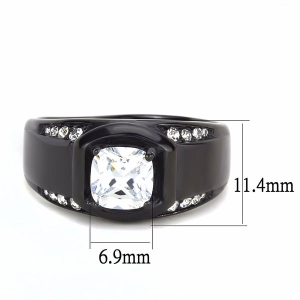 7x7mm Cushion Cut CZ Center Two Row Side Stone Black IP Stainless Steel Ring - LA NY Jewelry