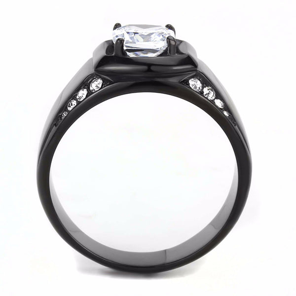 7x7mm Cushion Cut CZ Center Two Row Side Stone Black IP Stainless Steel Ring - LA NY Jewelry