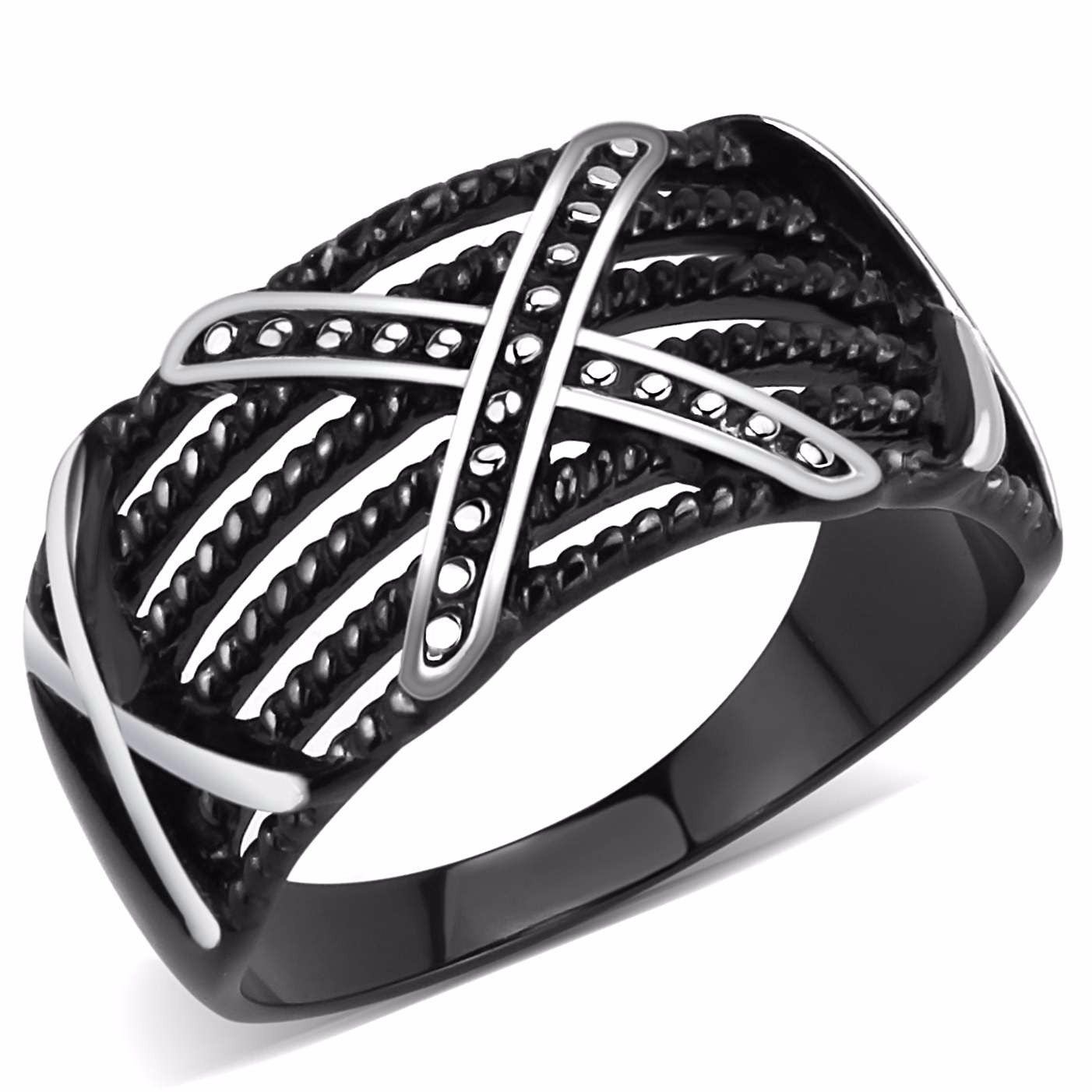 Three X Two-Tone Black IP Stainless Steel Mens Light Band Design Ring - LA NY Jewelry