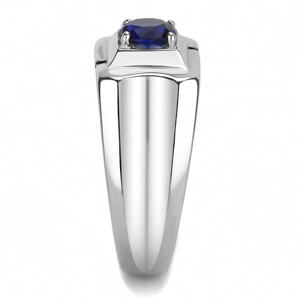 6.5mm Round Cut Montana Blue Sapphire CZ Solitaire Stainless Steel Mens Wedding Ring - LA NY Jewelry