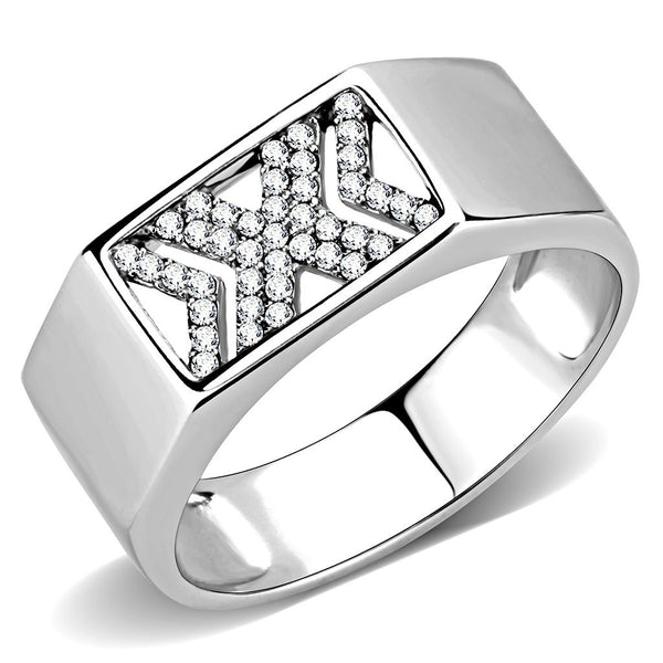 AAA Grade Clear CZ on X Shape Stainless Steel Mens Wedding Band