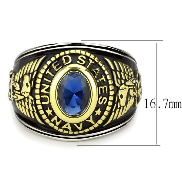 Women's 316 Stainless Steel Two Tone Gold Navy Military Deep Blue Sapphire CZ Ring