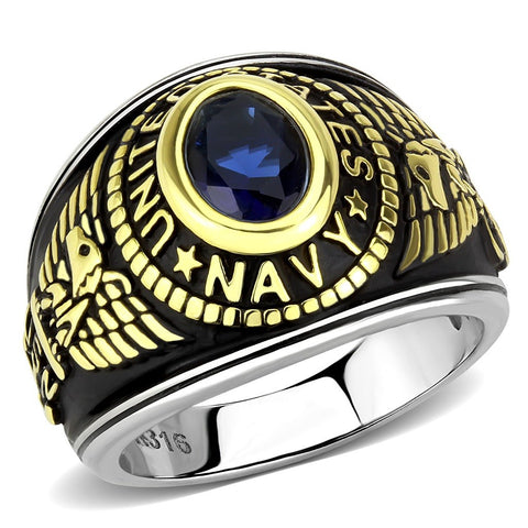 Women's 316 Stainless Steel Two Tone Gold Navy Military Deep Blue Sapphire CZ Ring