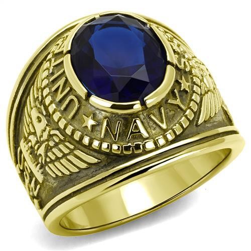 Men's Gold IP Stainless Steel Wide Band Navy Sapphire CZ Ring